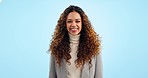 Happy, smile and business woman in studio for ambition, success mindset and confident for career. Professional, employee and portrait of person on blue background with pride, job and work opportunity