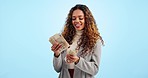 Business woman, counting cash and studio with smile, idea or planning for savings by blue background. Trader, entrepreneur or winner with money, bills or happy for goals, financial freedom or wealth