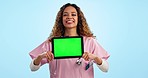 Tablet mockup, green screen and woman with healthcare advertising, medical app and ads on blue background. Nurse, telehealth and hospital website promotion with marketing and technology in studio