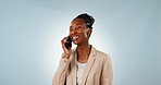 Phone call, happy and black woman in studio for communication, talking or discussion on cellphone. Smile, technology and young African female model on mobile conversation isolated by gray background.