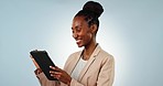 Happy black woman, business and tablet in research or social media communication against a studio background. African female person or employee smile on technology in networking, search or online app