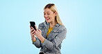 Video call, woman and phone with wave for communication, hello and happiness in studio on blue background. Smartphone, person and excited face for conversation, hi and talking online with technology