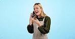 Woman, phone call and small business owner for cafe communication, supply chain and customer service in studio. Happy waitress or entrepreneur talking on mobile of coffee shop info on blue background