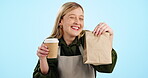 Waitress, woman and happy with coffee takeaway in bag with service, promo or advertising order option with smile. Portrait, person and employee for business with cafe or bakery deal and discount menu