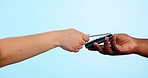 People, hands and credit card on pos machine for payment, purchase or buying against a studio background. Closeup of customer tap to pay, easy banking or mobile and electronic transaction on mockup