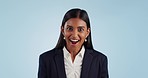 Wow, news and face of woman in studio with surprise gossip, secret or drama on blue background. Shocked, portrait and female model with open mouth, unexpected or no way emoji reaction to announcement