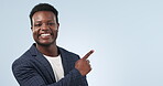 Happy black man, business and pointing in advertising or marketing against a studio background. Portrait of African businessman smile and showing notification, deal or information on mockup space