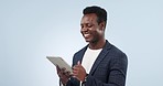 Happy black man, tablet and laughing for funny joke or social media against a studio background. African businessman smile with technology for online meme, chatting app or networking on mockup space