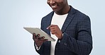 Happy businessman, hands and tablet in social media, research or communication against a studio background. Closeup of man or employee smile with technology for online search, chatting or networking