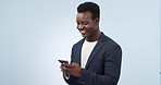 Happy black man, phone and typing for social media or communication against a studio background. African businessman smile in online chatting, texting or networking on mobile smartphone app on mockup