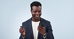 Happy black man, phone and credit card for payment or online shopping against a studio background. African businessman smile with mobile smartphone for ecommerce, banking app or transaction on mockup