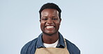 Happy, black man and portrait with small business owner of cafe or blue background in studio. Entrepreneur, face or confident for startup, restaurant or working in service industry with smile