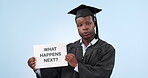 Graduate, black man and portrait with poster or confused, shrug and face for future or higher education in studio. Doubt, graduation and student with sign and dont know gesture on blue background