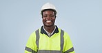 Happy, smile and face of engineer in a studio with positive, good and confident attitude. Laugh, portrait and professional young African male industry worker with hardhat isolated by blue background.