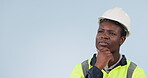 Thinking, idea and man engineer with mockup space for decision or information isolated in studio blue background. Construction, professional and worker planning project or safety inspection service