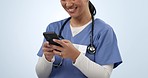 Happy woman, hands and phone of doctor in communication or social media against a studio background. Closeup of female person or medical nurse smile on mobile smartphone for research or networking