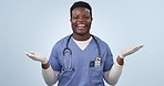 Happy black man, studio and doctor palm product placement, medic brand choice or cardiology service. Portrait, surgeon and mockup space comparison, scale balance or dont know shrug on blue background