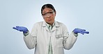 Science, thinking and Asian woman with decision, confused and choice on blue background. Biotechnology, healthcare and portrait of scientist with hands with question for medical research in studio