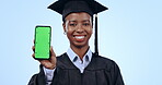 Graduation, woman and phone green screen for college marketing, contact or registration on blue background. Face of african student or graduate with mobile mockup, e learning and education in studio