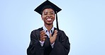 Happy black woman, graduation and applause in congratulations against a studio background. Portrait of African female person, student or graduate smile and clapping in winning celebration on mockup