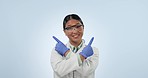 Advertising, scientist and woman pointing at space, confused and smile in studio isolated on a blue background mockup. Portrait, science and medical worker marketing research, shrug to doubt or promo