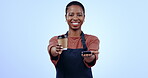 Waitress, coffee shop and POS machine for fintech payment, digital or ecommerce service on blue background. Face of barista, cashier or african woman at point of sale or small business cafe in studio