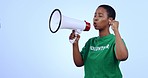 Woman, volunteer voice and megaphone for protest, support and call to action or join us in studio. African person speaking, volunteering and freedom of speech for change or fight on a blue background