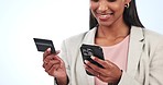 Happy woman, phone and credit card for payment, online shopping or banking against a studio background. Closeup of female person or shopper with debit and mobile smartphone on bank app or transaction