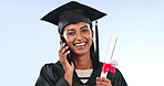 Graduation, woman and phone call for diploma announcement, learning or achievement on blue background. Face of student or graduate with mobile chat for news, celebration and happy education in studio