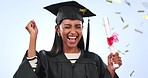 Graduation, woman student and confetti celebration, college success or university achievement in studio. Excited or happy graduate with wow and dance for award or education diploma on blue background