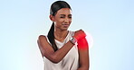 Indian woman, shoulder pain and fibromyalgia with fitness injury, accident and muscle tension on blue background. Hurt, red glow overlay and athlete with health crisis and exercise fail in studio