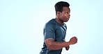 Running studio, fitness and black man tired from cardio workout, marathon training or exercise performance. Runner, time check and African athlete sweat, burnout and sports fatigue on blue background