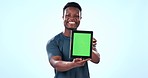 Man, fitness and tablet green screen with presentation mockup for gym registration and join us in studio. Face of personal trainer or african coach with digital sign up information on blue background