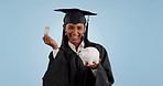 Happy woman, student and piggy bank for graduation savings or tuition fund against a studio background. Excited female person or graduate with money in piggybank for finance investment or cash growth