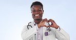 Heart in hands, doctor and black man in studio for medical service, care and support for hospital. Healthcare, consulting and portrait of person with emoji, love icon and sign on blue background