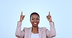 Face, business and black woman pointing up, promotion and announcement on a blue studio background, Portrait, African person and worker with hand gesture, opportunity and news with decision or choice