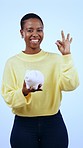 Black woman, piggy bank and cash, savings with OK finance and money management for future on blue background. Investing, financial safety and security with agreement, budget with growth and container