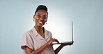Laptop, typing or face of black woman in studio for social media planning or copywriting research. Ecommerce startup, blog or happy African person editing online on a computer on a white background