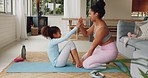 Mother, child or high five in home fitness, living room sit ups or abs workout motivation for healthcare wellness, muscle growth or gym activity. Smile, happy or mom support for exercise training kid