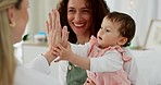 Mother, baby or high five with pediatrician doctor in medical life insurance check, children development progress or wellness success. Smile, happy girl or mom with healthcare worker in kids hospital