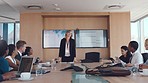 Business meeting, presentation and woman leadership, team planning and boss in office building. Global management, brainstorming or corporate collaboration, company strategy and coaching with manager