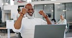 Black man, laptop and online communication success or good news celebration in modern business office. Fist,  surprise and african man celebrate digital announcement, excited winner or achievement