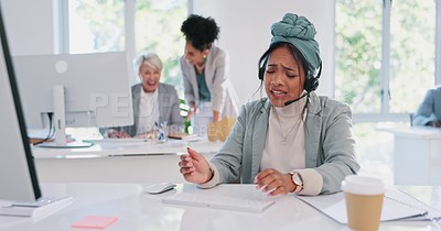 Call center, woman and frustrated with client, angry and stress with ...