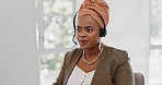 Face, customer service and black woman at call center consulting in office. Telemarketing, customer support or female sales agent, consultant and employee in communication, talking or speaking on mic