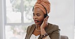 Face, customer service and black woman at call center consulting in office. Telemarketing, customer support or female sales agent, consultant and employee in communication, talking or speaking on mic