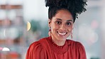 Happy, corporate and portrait of a black woman at work for business, administration or career as a secretary. Smile, office and face of an African employee working as a receptionist at a agency