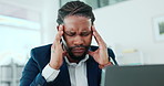 Stress, headache and worry of man on laptop for business planning, reading online or career fatigue, burnout and pain. Anxiety, tired and migraine of professional black person working on his computer