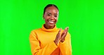 Face, black woman and clapping hands in studio, green screen and color background for success. Happy female model, portrait and applause for achievement, motivation and celebration of winning praise