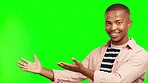 Black man, presentation and advertising on green screen, mockup space and communication on studio background. Happy male person, ambassador show information and opportunity with marketing and brand