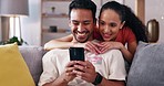 Happy couple, hug and smartphone with man and woman at home, laughing together with social media and communication. Funny meme, love and care in relationship with fun, technology and mobile app